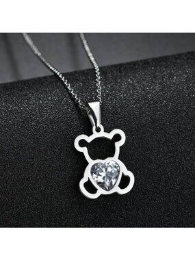 Teddy Bear Heart Shaped Cubic Zircpnia Baby Newborn Silver Necklace